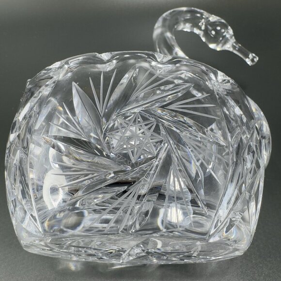 Bohemia Czech Clear Crystal Glass Swan Pinwheel Glass Dish Bowl Duck Bird VTG - Picture 7 of 12